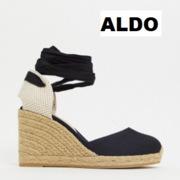 ALDO Muschetta Black Ribbon-tie Wedge Espadrilles - Picture 1 of 6